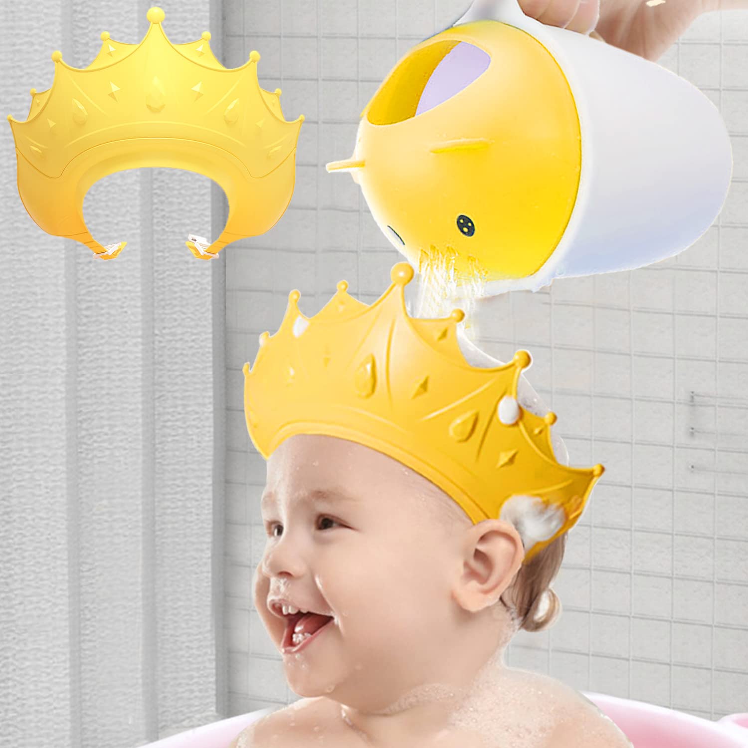Baby Shower Cap Shampoo Hat Shower Sun Hat Soft Adjustable Head Protection Shampoo Hat Kids Baby Toddler Girls Shampoo Guard Shower Accessories Protect Baby Eye Ears (Yellow)
