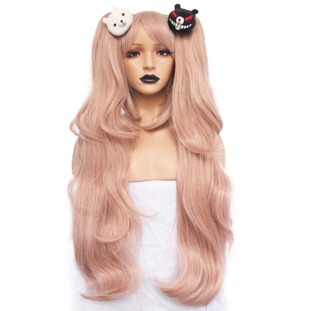 ANOGOL Hair Cap+ ( 2 Bears ) Light Pink Junko Enoshima Cosplay Wig Long Synthetic Wig For Girls Costume Party Halloween Christamas Wig With Hair Accessory