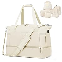 ETRONIK Weekender Bags for Women, Travel Bag 6 Pcs Set with USB Charging Port, Duffle Bag with Shoe Compartment, Carry on Bag Overnight Bag for Women Travel, Beige