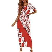 Women's Polynesian Samoan Puletasi Tatau Print Ptaha Short Sleeve Hawaiian Luau Maxi Dress Two Piece Outfits