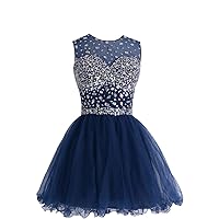 Crystal Top A line Tulle Short Homecoming Prom Dresses Keyhole Back Beaded 2023