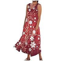 Plus Size Linen Dresses Bohemian Dress for Women 2024 Floral Print Casual Loose Fit Linen with Sleeveless U Neck Pockets Dresses Wine 3X-Large