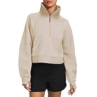LASLULU Womens Sweatshirts Fleece Lined 1/2 Zipper Collar Pullover Sweatshirts Long Sleeve Crop Tops Sweater Thumb Hole