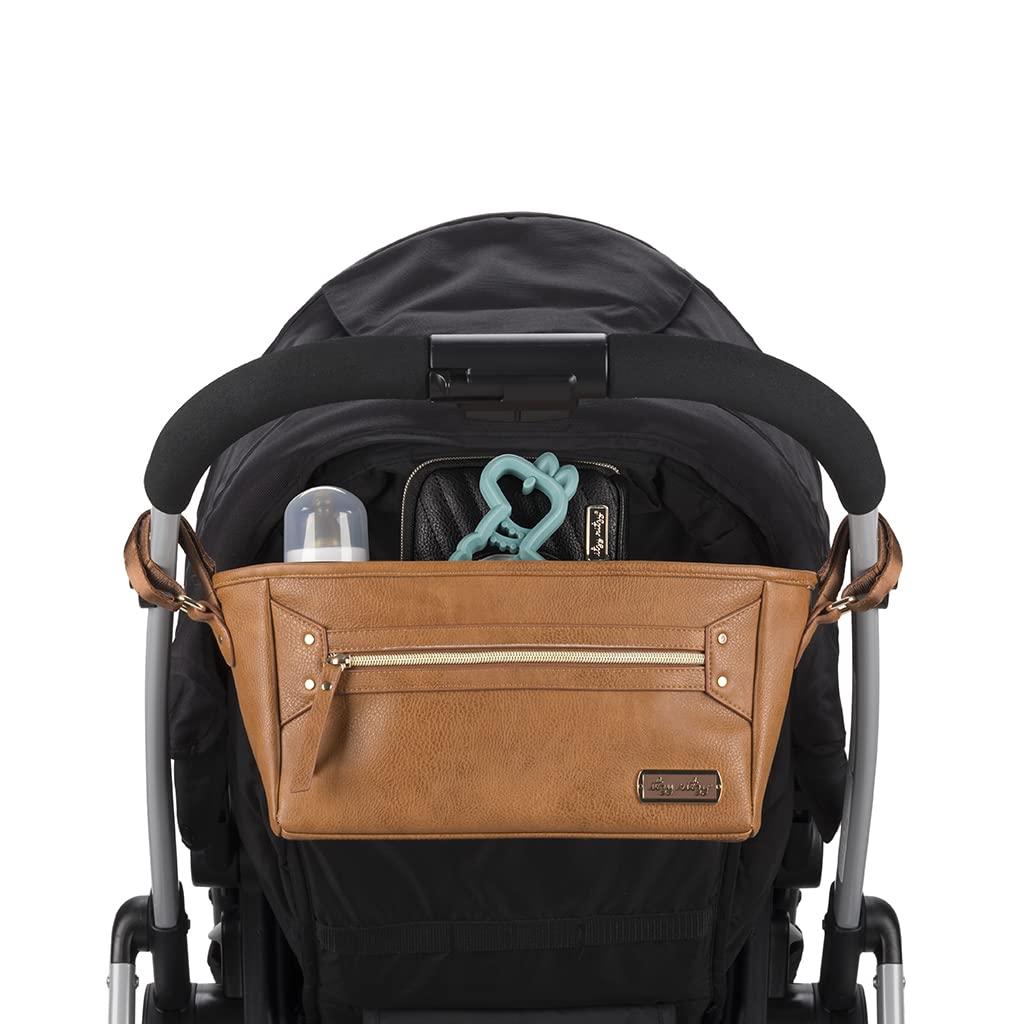 Itzy Ritzy Adjustable Stroller Caddy – Stroller Organizer Featuring Two Built-in Pockets, Front Zippered Pocket and Adjustable Straps to Fit Nearly Any Stroller, Cognac