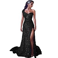 One Shoulder Sequin Mermaid Evening Gown Ruched Split Prom Dresses