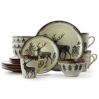 Elama Round Stoneware Cabin Dinnerware Dish Set, 16 Piece, Elk Design with Warm Taupe and Brown Accents