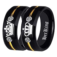 Free Custom Engraving Her King or His Queen Ring Promise Wedding Ring Engagement Ring Annivesary ring in Black Tungsten Carbide Rings With Two White CZ-Matching Promise Rings for Couples