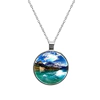 Round Silver Pendant Necklace for Women Girls, Canadian Emerald Lake Circle Coin Necklace Jewelry