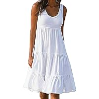 Women Casual Loose Tank Dress Beach Sleeveless Smocked Flowy Dress Summer Vacation Sundress Solid Ruffle Swing Dress