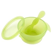 Baby Bowl, Silicone Feeding Set with Suction for Baby and Toddler, Includes Spoon and Lid, First Feeding Set, Training Essentials for Baby Led Weaning for Babies 4 Months Up, Green Jelly