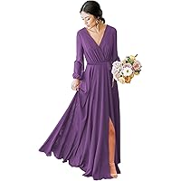 V-Neck Long Sleeve Bridesmaid Dresses Chiffon Faux-Wrap Formal Women's Prom Dress with Slit