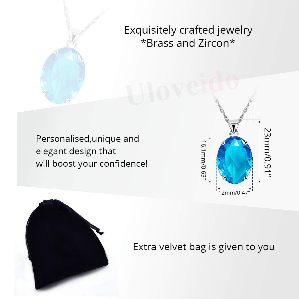 Uloveido Platinum Plated Blue Cubic Zirconia Solitaire Oval Pendant Necklace Birthstone Wedding Party Jewelry for Women Girls Y892