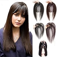 Hair Topper with Bangs for Women Real Human Hair Top Hairpiece Extensions,Thin Fake Fringe Hairpiece Clip in Human Hair Extensions Silk Base Topper Hair Piece with Air Bangs Dark Brown