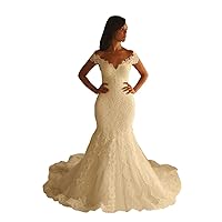 Ivory Off The Shoulder Sheer Back Lace Mermaid Bridal Dress With Train