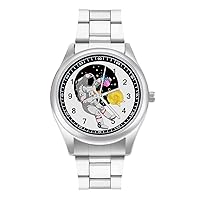 Funy Astronaut with Moon Fashion Wrist Watch Arabic Numerals Stainless Steel Quartz Watch Easy to Read