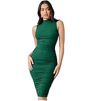 Women's Dresses Mock-Neck Ruched Solid Dress Dress for Women (Color : Dark Green, Size : Medium)