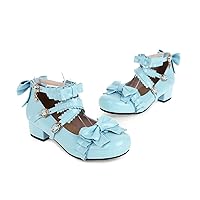Classic Bowknot Cross Strap Mary Janes for Women Sweet Ruffles Closed Round Toe Chunky Heel Lolita Shoes