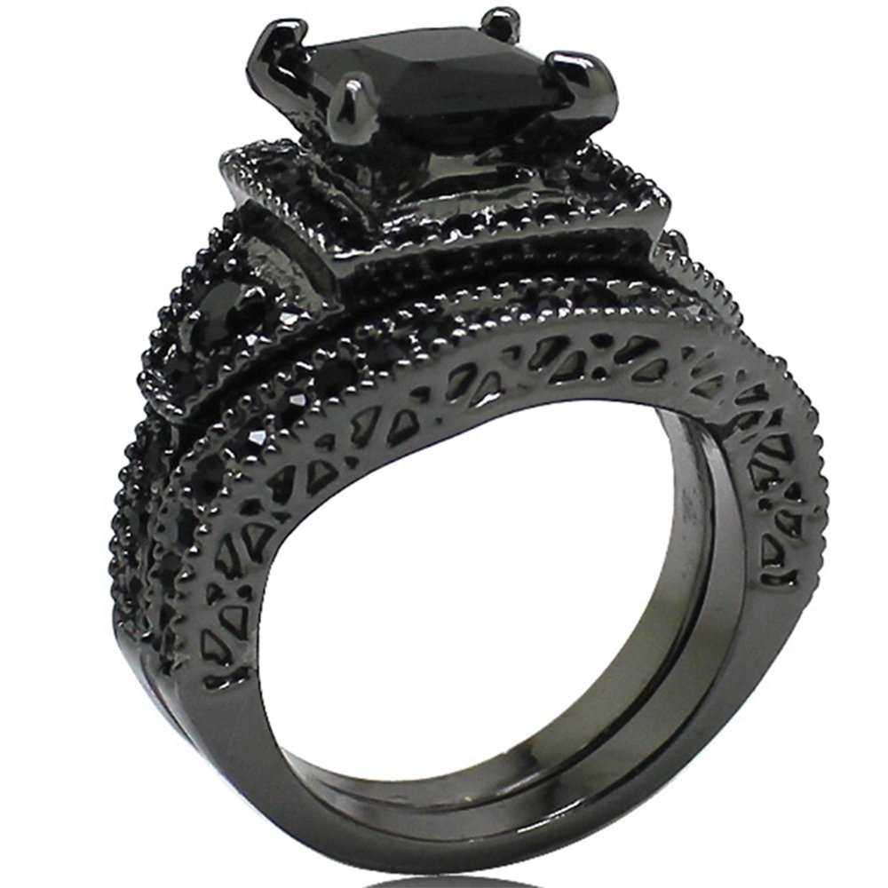 Jude Jewelers Size 4-15 Black Princess Cut Wedding Engagement Ring Bridal Halo Anniversary Propose