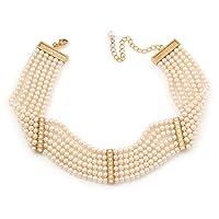 6-Strand White Coloured Faux Pearl Bridal Diamante Choker Necklace in Gold Plated Metal - 30cm L/ 5cm Ext