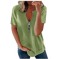 Shirts for Women Zipper Front V Neck Short Sleeve Tshirts Fashion Solid Tunic Tops Summer Casual Loose Pullover Tees Blouses