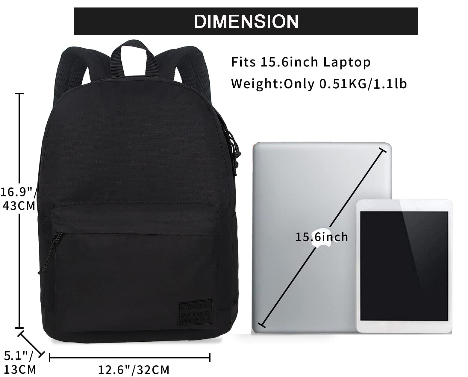 SUPACOOL Lightweight Casual Laptop Backpack with USB Charging Port For for Men and Women, Daily use backpack, Backpack for College (Full Black)