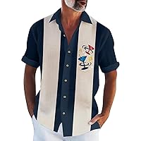 Mens Vintage Bawling Shirt 1950s Casual Button Up Shirt Short Sleeve Contrast Shirt Summer Graphic Cuban Shirt