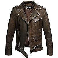 Mens Genuine Leather Biker Jacket Cowhide Brando (X-Large, Brown)