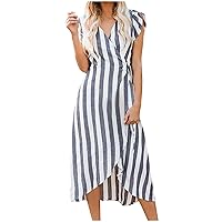 Linen Dress for Women 2024 Midi Dress Flowy Vacation Dresses Cap Sleeve Casual Dress Striped Summer Dress Sun Dress