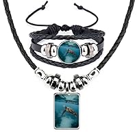 Ocean Sea Turtle Science Nature Picture Leather Necklace Bracelet Jewelry Set