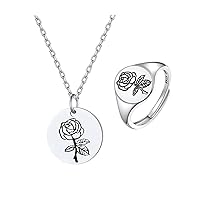 Sterling Silver Birth Flower Ring Coin Necklaces June Rose Floral Jewelry Set for Women