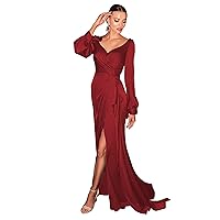 Long Sleeve Satin Prom Dresses with Train V Neck High Low Side Slit Plus Size Wedding Guest Dress for Women Formal