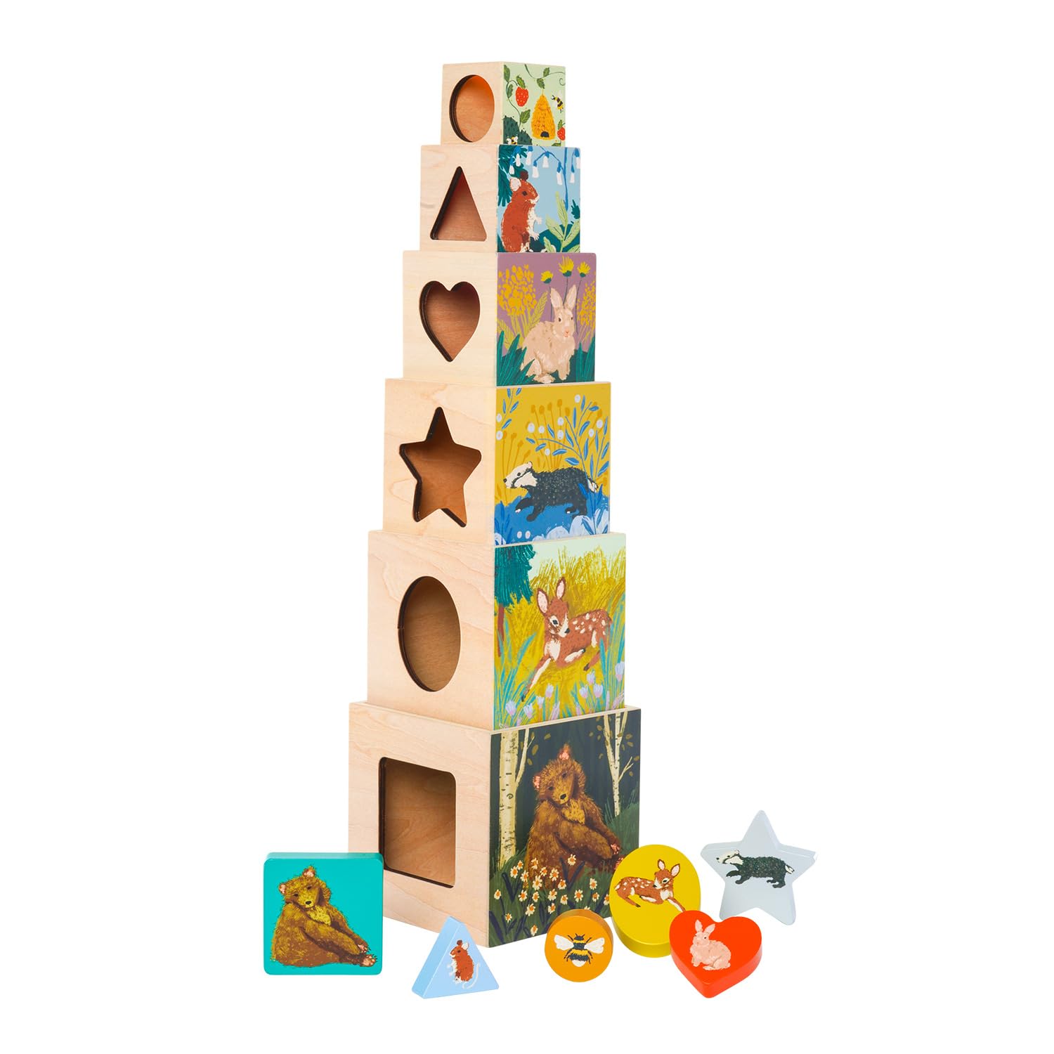 Manhattan Toy Enchanted Forest 12-Piece Wooden Stacking Counting Sorting Toy Blocks with Solid Wood Cutout Shapes