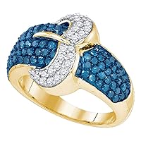 TheDiamondDeal 10kt Yellow Gold Womens Round Blue Color Enhanced Diamond Belt Buckle Cocktail Ring 1-3/8 Cttw