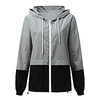 Women's Lightweight Windbreaker Waterproof Rain Jacket Fashion Color Block Patchwork Zip Up Raincoat Outerwear