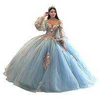 Mauuwy Floral Quinceanera Dresses with Sleeves Giltter Tulle Ball Gown Lace Off Shoulder Sweet 16 Dresses Party Gowns
