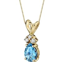 PEORA Swiss Blue Topaz with Genuine Diamonds Pendant in 14 Karat Yellow Gold, Dainty Teardrop Solitaire, Pear Shape, 7x5mm