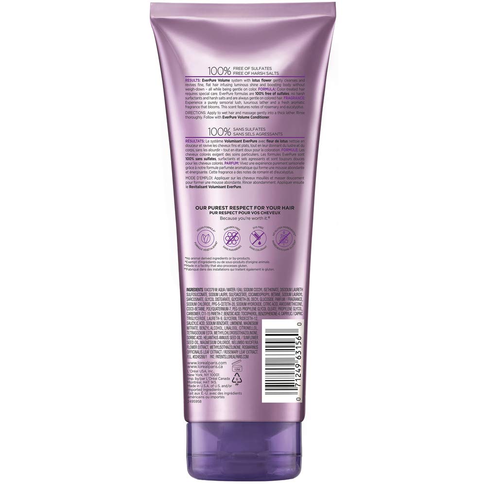L'Oreal Paris EverPure Volume Sulfate Free Shampoo for Color-Treated Hair, Volume + Shine for Fine, Flat Hair, with Lotus Flower, 11 Fl; Oz (Packaging May Vary)