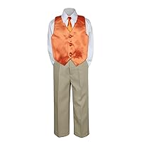 4pc Formal Baby Toddler Boys Orange Vest Necktie Khaki Pants Suits S-7 (7)