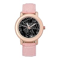 Halloween White and Black Spider Web Women's Watches Classic Quartz Watch with Leather Strap Easy to Read Wrist Watch