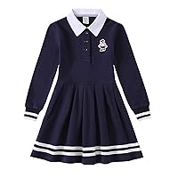 Girls' Uniform Cotton Long-Sleeved A-line Dress Children's School Polo Lapel Dark Blue School Uniform 3-12 Years Old