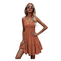TINMIIR Women's Summer Dresses Solid Shirred Back Ruffle Hem Short Cami Dress (Color : Rust Brown, Size : Small)