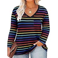 RITERA Plus Size Tops for Women Long Sleeve V Neck Tshirts Loose Fit Comfy Fall Tunic Top Rainbow Stripe Casual Blouse 3XL 22W 24W