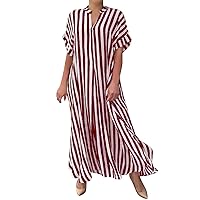 Women's Summer Dresses Fashion Side Split Stripe Cardigan Short Sleeve Dress Casual Bride Dress(Red,4X-Large)