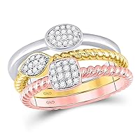 The Diamond Deal 10kt Tri-Tone Gold Womens Round Diamond Trio Stackable Band Ring Set 1/5 Cttw