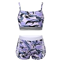 Kids Girls 2-Piece Gymnastics Dance Outfits Strappy Hollow Out Crop Tops and Booty Short Athletic Clothes Set