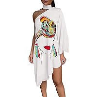 Women Cocktail Dresses Sexy Irregular Dress Cold Shoulder One Shoulder Printing Beach Midi Dress Single Sleeve Sundress