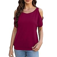 Women Summer Clothes 2024 Plain T Shirts for Women 2024 Sexy Cold Shoulder Fashion Trendy Loose Fit with Short Sleeve Round Neck Tops Wine Small