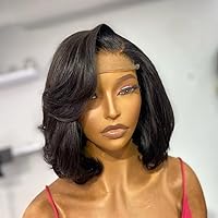 Side Part Layered Cut Short Bob 13X6 Lace Front Wig Human Hair For Black Women 150% Density Pre Plucked Wigs Wavy Brazilian Remy Glueless Wigs Bleached Knots HD Transparent Lace Front Wigs 10 Inch