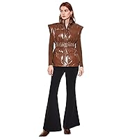 Jacket for Women - Snap Button Belted Vest Puffer Coat (Color : Coffee Brown, Size : Small)