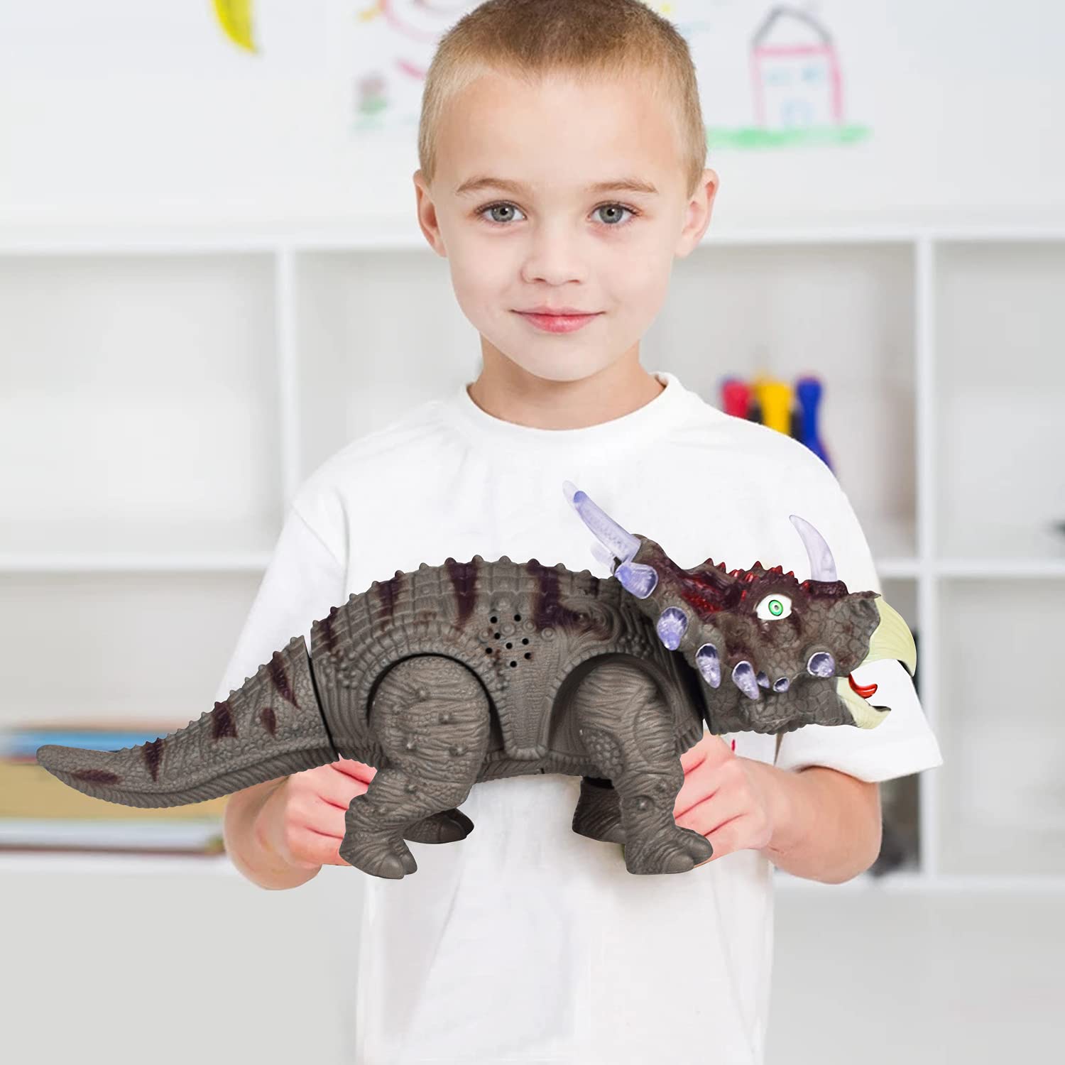 Walking Electronic Triceratops Dinosaur Toys, Realistic Walking Robot Dino Toys with Roaring Sound and LED Light Up for 3-5+ Years Old Kids, Boys and Girls Birthday Gift